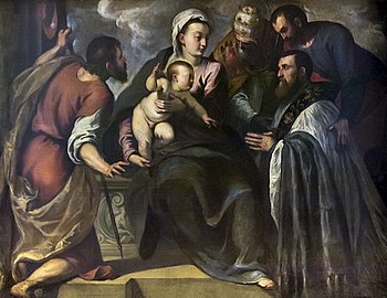 Saint Marc, Saint Sylvestre, Saint Jacques, et le curé da Ponte devant la Vierge