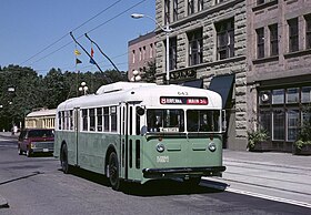 A restored 1940 Twin Coach trolley bus in Seattle Seattle 1940 Twin Coach trolleybus 643 in 1990.jpg