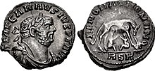 Denarius of the Roman usurper Carausius, depicting on the reverse (at right) Romulus and Remus surrounded by the legend RENOVAT[io] ROMANO[rum], "renewal of the Romans". Silver denarius of Carausius RIC 571 (FindID 854967).jpg