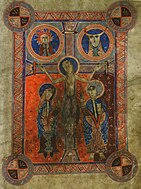 Crucificação de Cristo com a Santa Maria e São João, e ainda representações do Sol e da Lua
