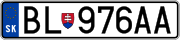 A European vehicle registration plate, consisting of a blue strip on the left side with the EU flag symbol, along with the country code of the member state in which the vehicle is registered. (Slovak version pictured)