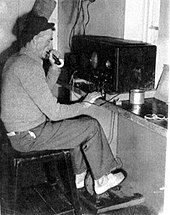 Pedal radio being used in South Solitary Island lighthouse, to communicate with Norah Head Lightstation, 1946 Solitary Island Pedal Radio br 3.jpg