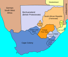 Map of the Cape Colony in 1885 (blue). The area shown as the Bechuanaland Protectorate was altered in September that year, the part of it south of the Molopo River (including Stellaland) becoming the colony of British Bechuanaland SouthAfrica1885.svg