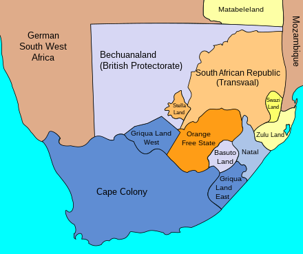 Map of the Cape of Good Hope in 1885 (blue). The area of Griqualand East is large, while the southern half of Bechuanaland Protectorate has been annexed as British Bechuanaland.