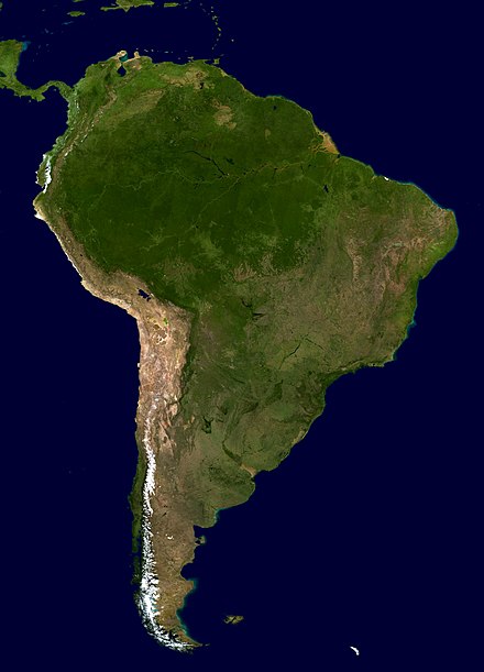 A composite satellite photograph of South America in orthographic projection