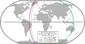 Lignes de partage du monde (1493-1494-1529) selon la bulle Inter cætera (pointillés), le traité de Tordesillas (violet), et son prolongement selon le traité de Saragosse (vert).