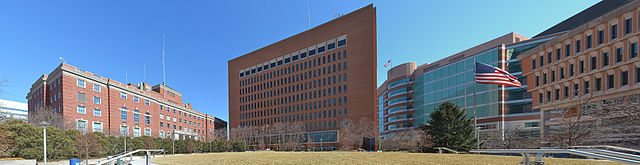 County government buildings in Clayton. From left to right: County Police headquarters, the Lawrence K. Roos County Government Building, the Buzz West