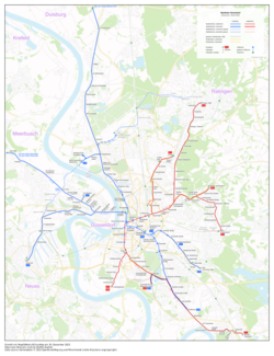 Plán tratí městské dráhy (modře a červeně) a tramvají (žlutě) v Düsseldorfu