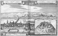 Ansicht von Stein, Mautern und Göttweig aus dem Jahr 1679, die Stadtburg ist noch zu erkennen