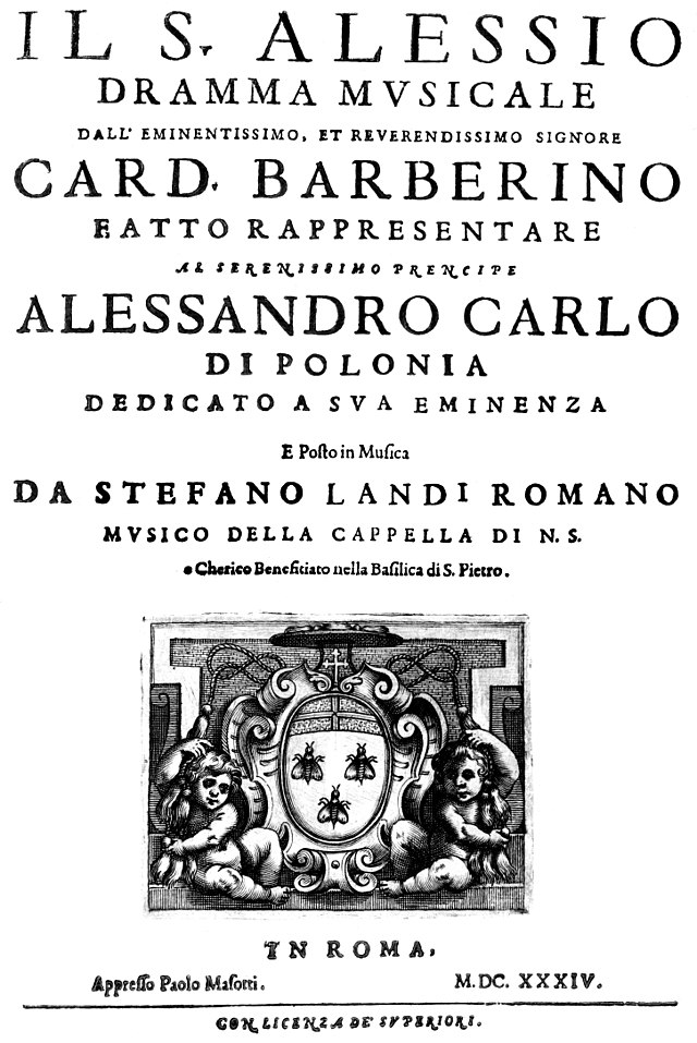 Description de l'image Stefano Landi - Il Sant'Alessio - Rome 1634 - title page of the score.jpg.