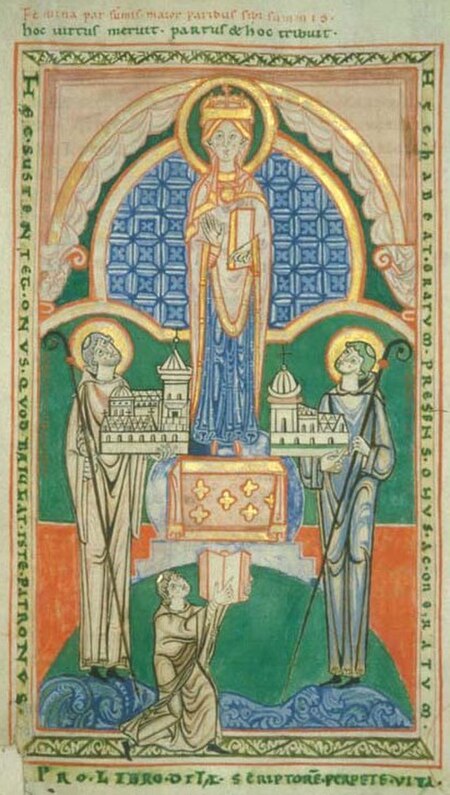 An illumination of Stephen Harding (right) presenting a model of his church to the Blessed Virgin Mary (Municipal Library, Dijon). Cîteaux, c. 1125. A