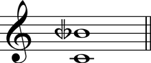 The "subminor seventh": B=A, 19 quarter tones. It approximates the harmonic seventh, B. Maneri-Sims notation: B Subminor seventh on C.png