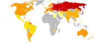 Angka bunuh diri per 100,000 pria (kanan) dan wanita (kiri) (data dari 1978–2008).   no data   < 1   1–5   5–5.8   5.8–8.5   8.5–12   12–19   19–22.5   22.5–26   26–29.5   29.5–33   33–36.5   >36.5