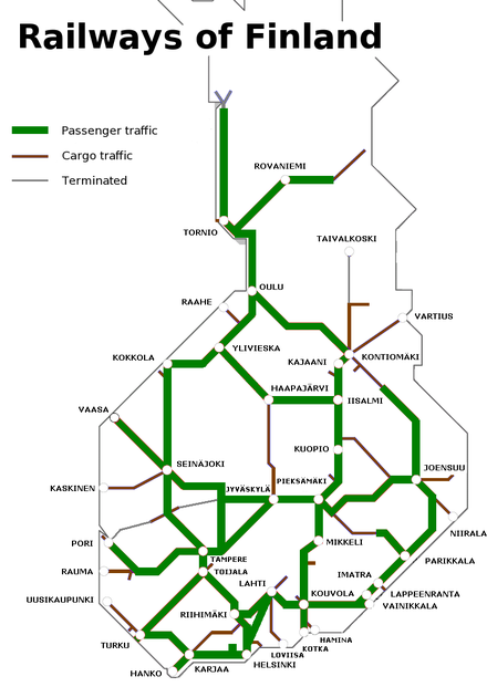 The Finnish rail network (passenger lines in green).