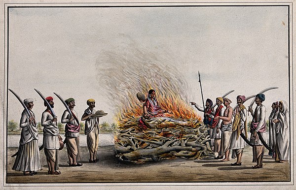 A 19th-century painting depicting the act of sati