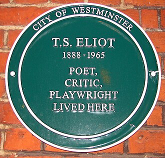 The plaque to T.S. Eliot on the Homer Row side of Crawford Mansions. T.S. Eliot plaque on Crawford Mansions, Homer Row, London.jpg