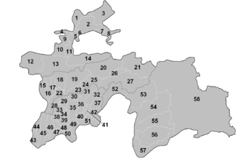 Districts of Tajikistan (keyed to list in Districts of Tajikistan) Tajikistan districts numbered.png