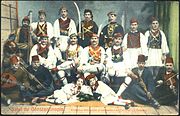 Greek men during the Baklahorani carnival in Istanbul, early 20th century Tatavla Carnival.jpg