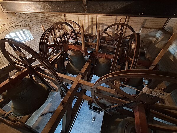 The eight bells in the tower of St Mary's Church, Liss, Hants.