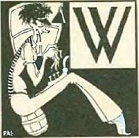 A cartoon of a man at a typewriter with a large W to the right