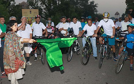 The Secretary, Ministry of Culture and Tourism, Smt. Rashmi Verma flagging off a “Cycle Rally” to create awareness about Tourism, Environment and Sustainability, at India Gate, in New Delhi on October 05, 2017