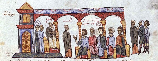 The trial of Photios, miniature from the 12th century Madrid Skylitzes.