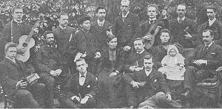 Edvard Amundsen (first from left in the front row, holding a concertina) was a member of Annie Royle Taylor's Tibetan Pioneer Mission; c. 1894.