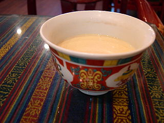 Butter tea drink indigenous to Himalayan regions made from tea leaves, yak butter, water, and salt