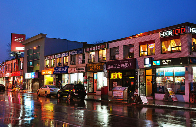 Korean businesses and restaurants along Bloor Street in Toronto's Koreatown.