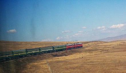 Trans-Mongolian train 3 from Beijing to Moscow, as it passes through the Gobi Desert