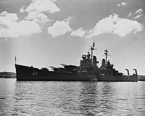 USS Baltimore (CA-68) anchored in Guantanamo Bay on 22 September 1954 (NH 52422).jpg