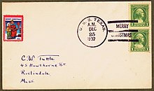 Naval ships have their own post office and postmaster aboard. Christmas Postmark from Texas during interwar period. USS Texas 1932xmas.jpg