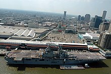 USS Iwo Jima in New Orleans providing disaster relief after Hurricane Katrina in 2005 US Navy 050910-N-2383B-537 An aerial view of the amphibious assault ship USS Iwo Jima (LHD 7) docked in New Orleans.jpg