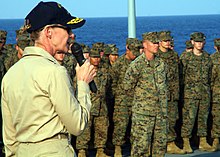 Pottenger in March 2007, speaking to a group of United States Marines aboard USS Harpers Ferry (LSD-49). US Navy 070315-N-0120A-054 Rear Adm. Carol M. Pottenger speaks to Sailors and Marines aboard dock landing ship USS Harpers Ferry (LSD 49) during an all hands call.jpg