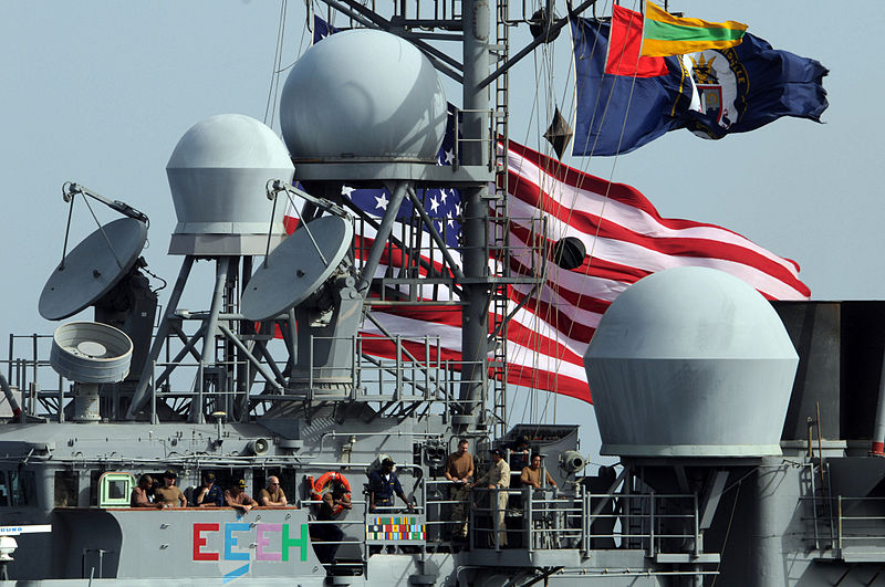 File:US Navy 080911-N-3659B-199 Sailors stand on the port bridge wing of the guided-missile cruiser USS Chancellorsville (CG 62) during a replenishment at sea with the USNS Bridge (T-AOE 10).jpg