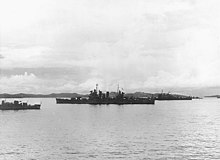 Honolulu (center) and St. Louis (right, behind Honolulu) off Tulagi in April 1943 US warships at Tulagi in April 1943.jpg