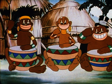 A scene depicts three African men playing their drums at the beginning. Una escena de la caricatura 'Jungle Jitters'.png