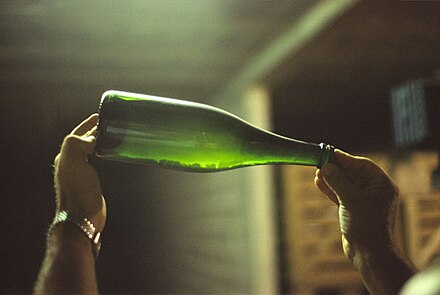 The lees left over from the secondary fermentation of sparkling wine can be seen on the bottom side of this bottle being inspected. Eventually this wine will go through riddling to collect the lees in the neck, where it will be removed prior to corking.