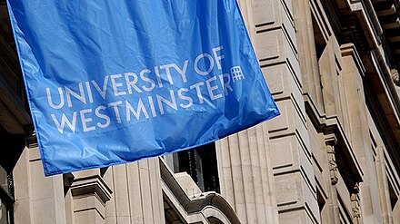 The University of Westminster's official flag in royal blue above No. 309 Regent Street