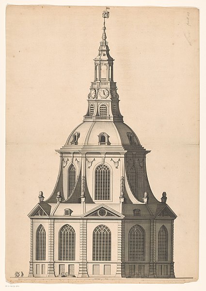 File:Voor- en zijaanzicht van een koepelkerk voor op de Botermarkt te Amsterdam Nieuw ontwerp voor een koepelkerk op de Botermarkt te Amsterdam (serietitel) Nievv desseyn tot een Seer Groote, Stercke, en om te hooren, heel , RP-P-AO-23-78-2.jpg