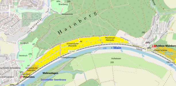 Weinbau an der Mainleite. Heutige Weinberge (ocker), Weinberge bis Mitte des 20. Jahrhunderts (gelb), Weinberge in historischer Zeit (hellgrün)