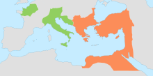 The Kingdom of Soissons is shown as the upper green territory in France, while the lower green territory shows the Western Roman Empire. Western and Eastern Roman Empires 476AD-es.svg