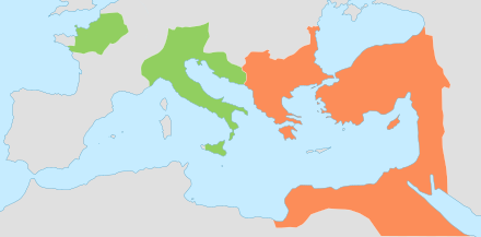 The Eastern (orange) and Western (green) Roman Empires in 476