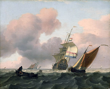 Rough sea with ships label QS:Len,"Rough sea with ships" label QS:Lpl,"Wzburzone morze z okrętami" label QS:Lnl,"Woelige zee met schepen" 1697. oil on canvas medium QS:P186,Q296955;P186,Q12321255,P518,Q861259 . 31.5 × 39 cm (12.4 × 15.3 in). Amsterdam, Rijksmuseum Amsterdam.