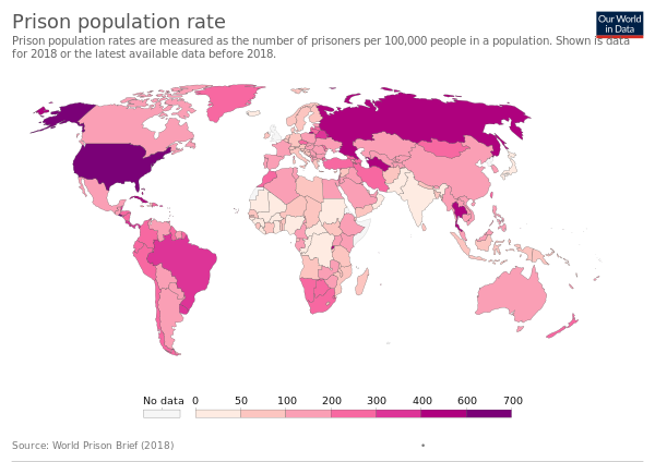 The number of prisoners per 100,000 citizens by country.[2]