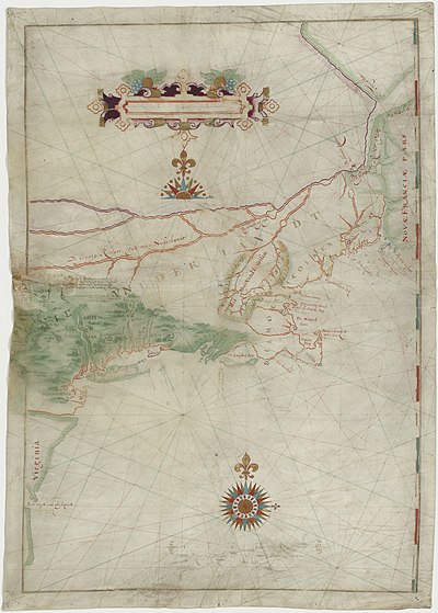 Map based on Adriaen Block's 1614 expedition to New Netherland, featuring the first use of the name. It was created by Dutch cartographers in the Golden Age of Dutch exploration (ca. 1590s–1720s) and Netherlandish cartography (ca. 1570s–1670s).