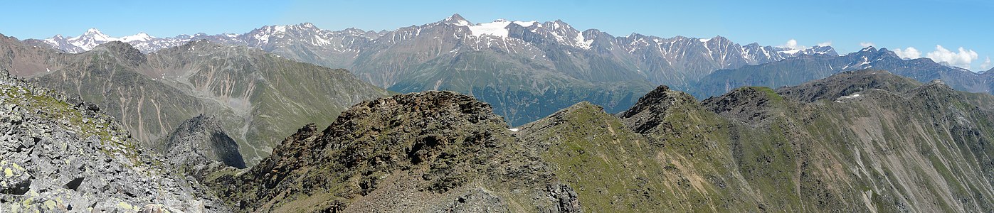 A view to main chain of the Alps (Schnalskamm with Similaun) from mountain Vermoispitze. mountain chain to the East from summit