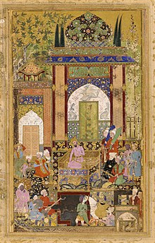 Babur Receives a Courtier by Farrukh Beg c. 1580-1585. Opaque watercolor and gold on paper, painted and mounted within borders, from a Rawzat as-safa`. Still using the style of Persian miniature. Farrukh Bek Babur prinimaet pridvornykh. Baburname. 1589. Gal. Saklera, Vashington.jpg