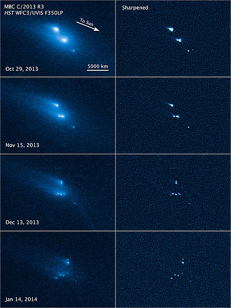 Disintegration of asteroid P/2013 R3 observed by the Hubble Space Telescope between late-October 2013 and early-January 2014. 14060-Asteroid-P2013R3-Disintegration-20140306.jpg