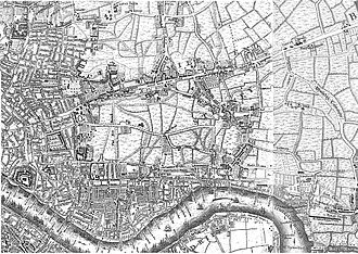 The East End in 1741-5, as depicted on John Rocque's Exact Survey of the city's of London Westminster ye Borough of Southwark and the Country near ten miles round. London is expanding, but there are still large areas of fields to the east of the City. 1745 Roque Map.jpg